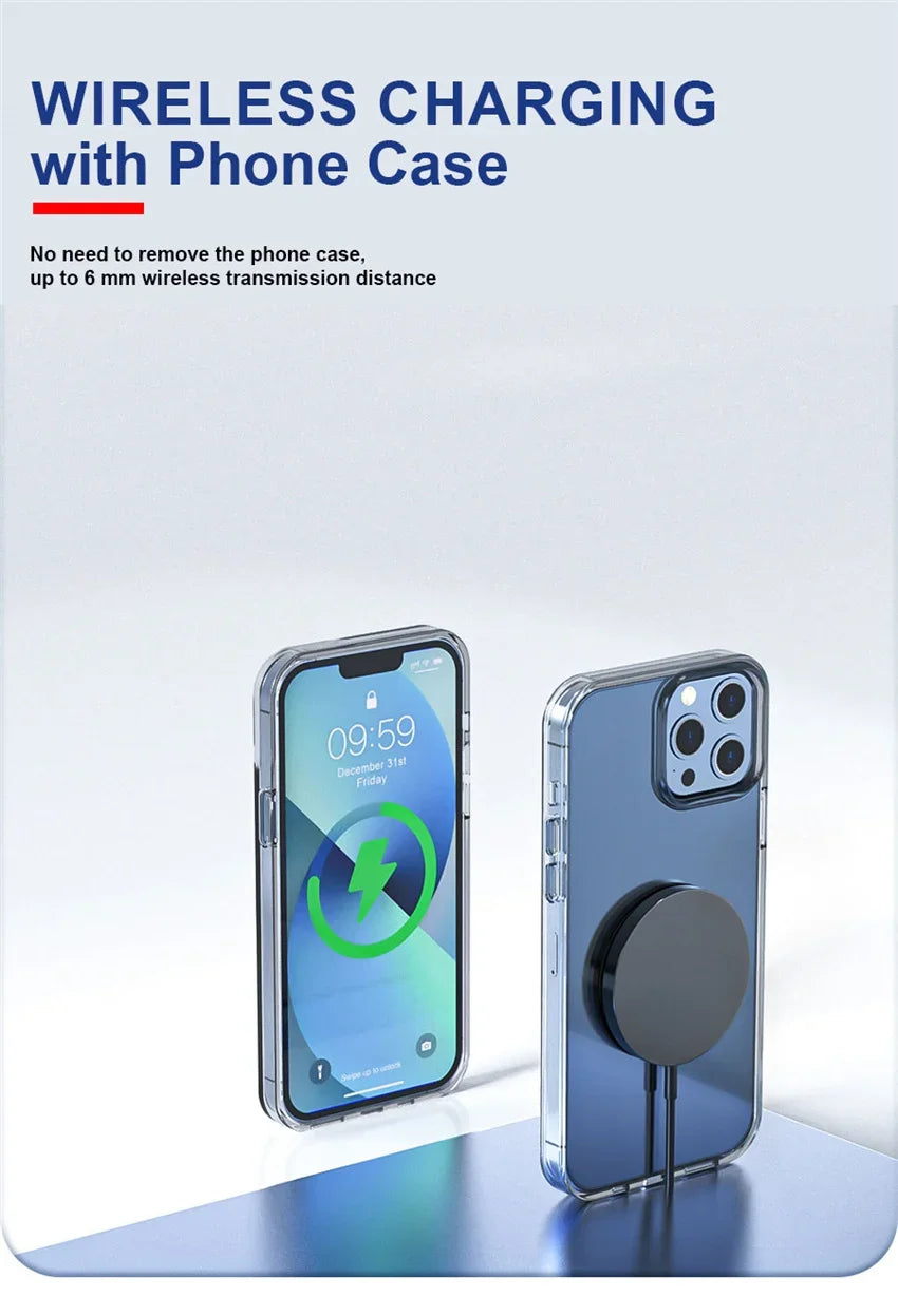 Magnetic wireless charger powering iPhone through clear phone case with up to 6mm transmission distance.