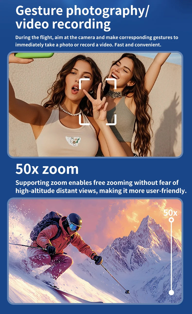 Advertisement for gesture photography/video recording with two women and a skier in mountainous scenery.