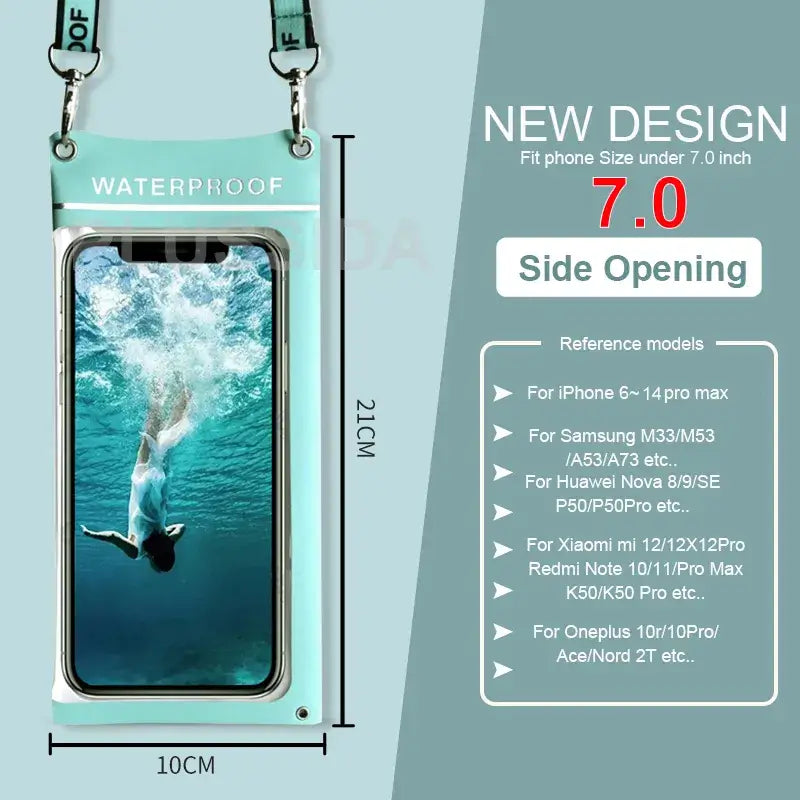 Waterproof phone case with lanyard, featuring a person diving into water on a light blue background