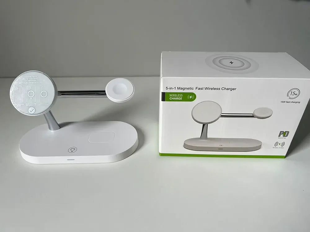 Wireless charger with packaging on a gray background