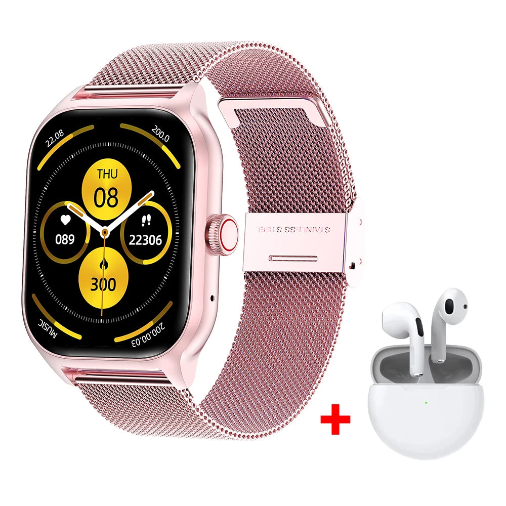 Smartwatch with pink mesh band and wireless earbuds in white case on white background