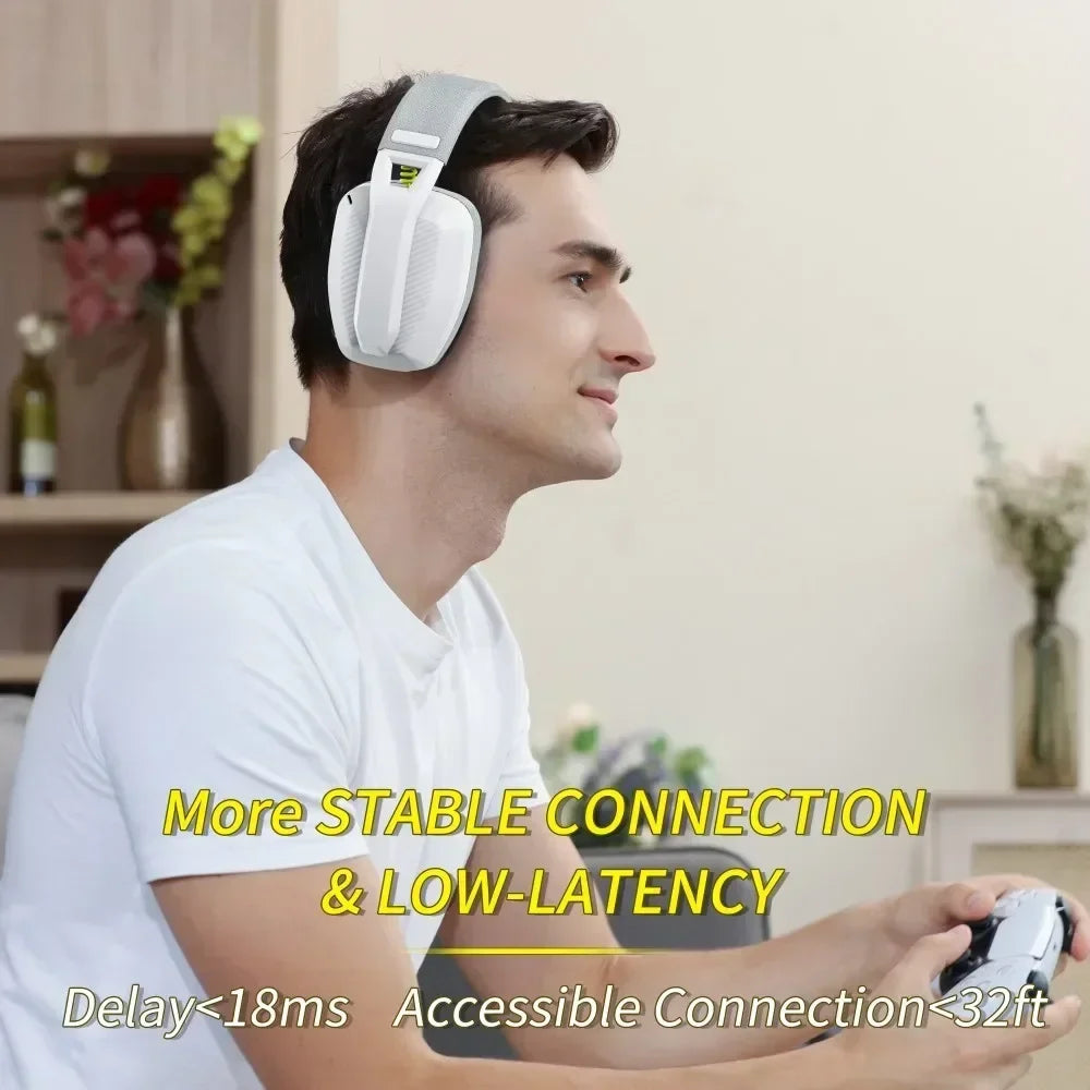 Man wearing white headphones playing a video game with text about stable connection and low latency.
