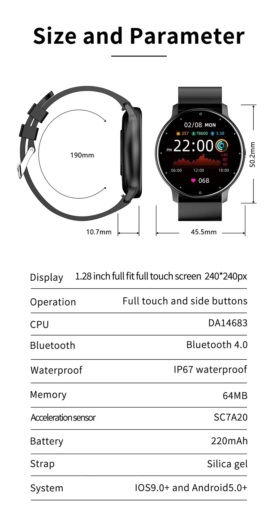 LIGE 2024 Smartwatch with dimensions and technical specifications displayed on white background