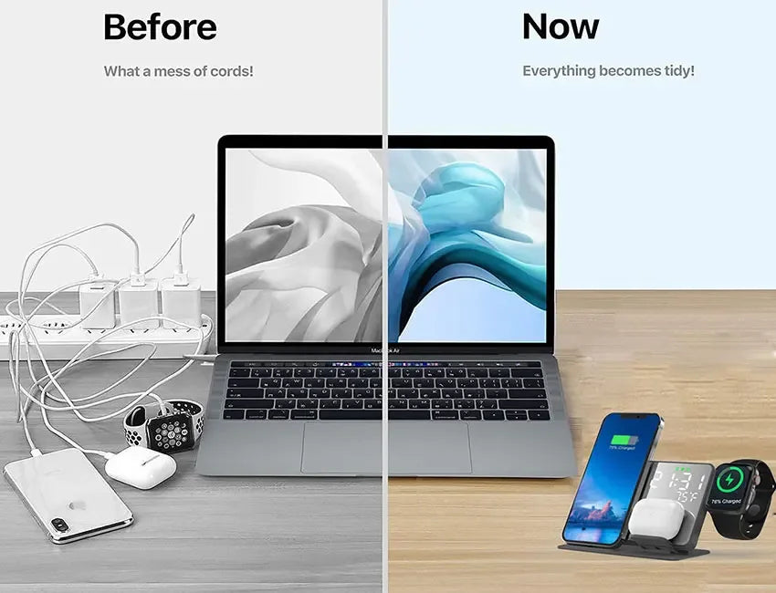 Comparison of a messy desk with tangled cords and a tidy setup with a wireless charging pad.