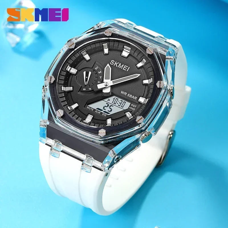 SKMEI men’s analog-digital watch with transparent case, white silicone strap, and black dial