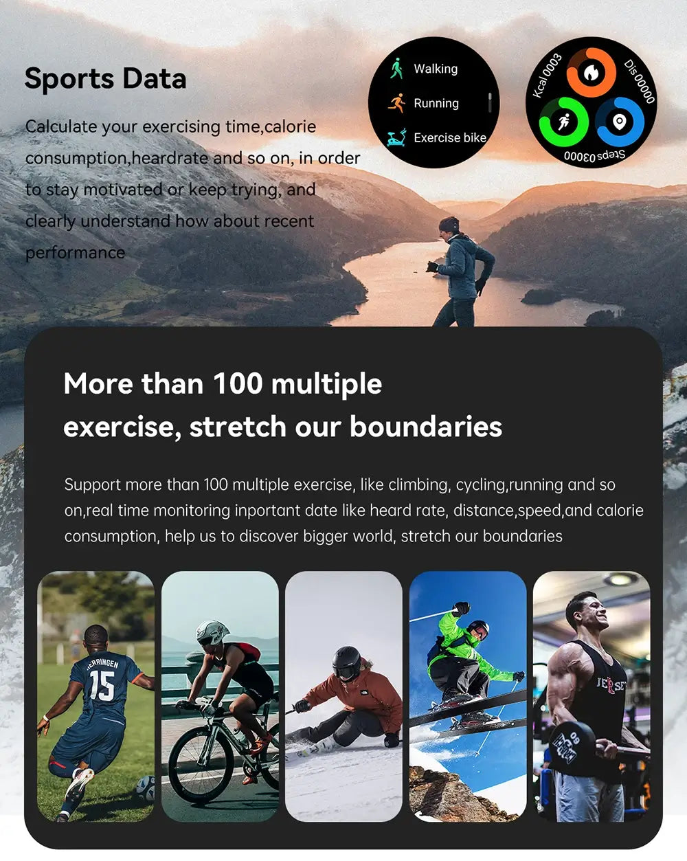 Person exercising outdoors with Melanda Smartwatch sports data overlay on screen