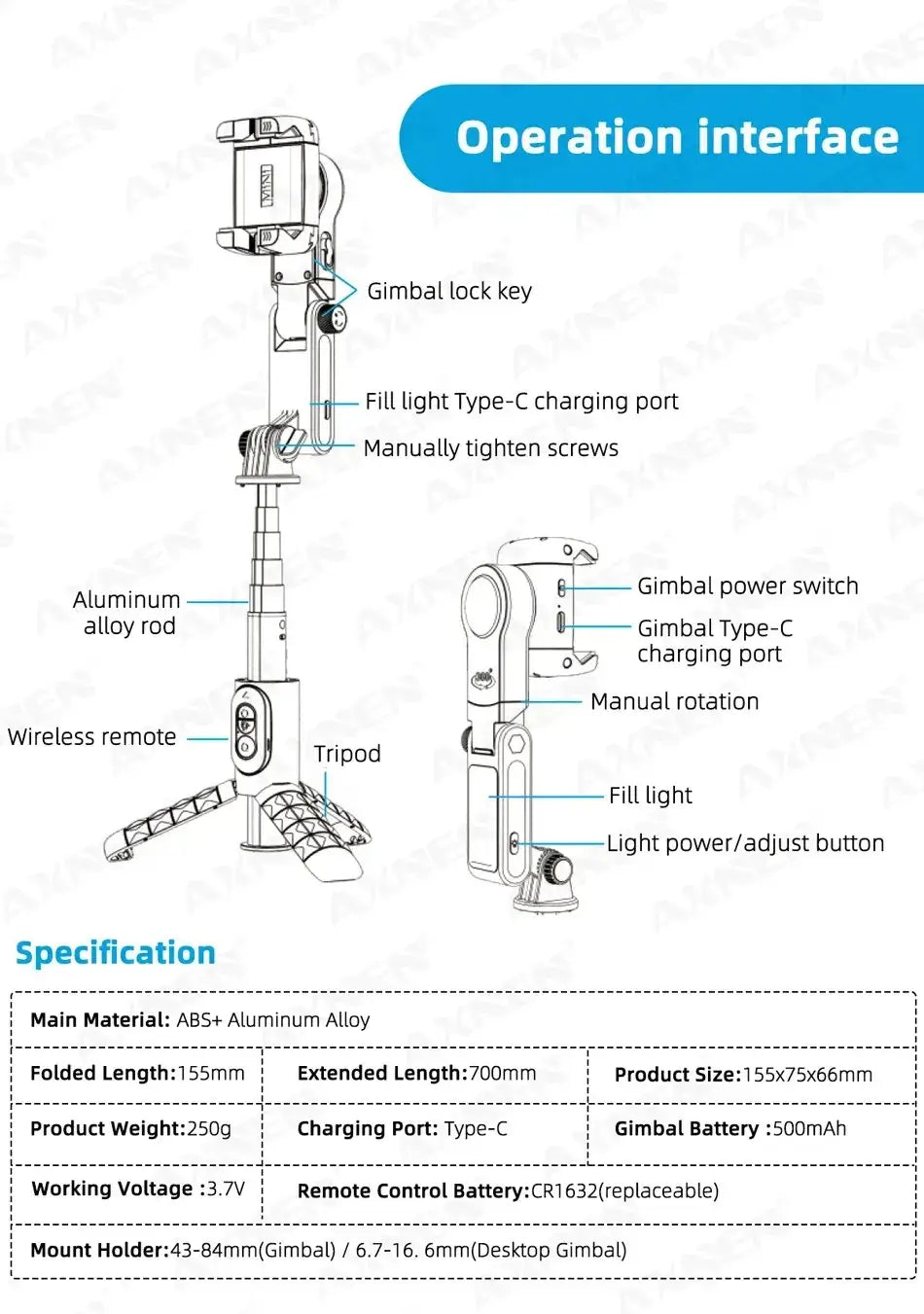 Diagram of a gimbal camera with labeled parts and specifications.