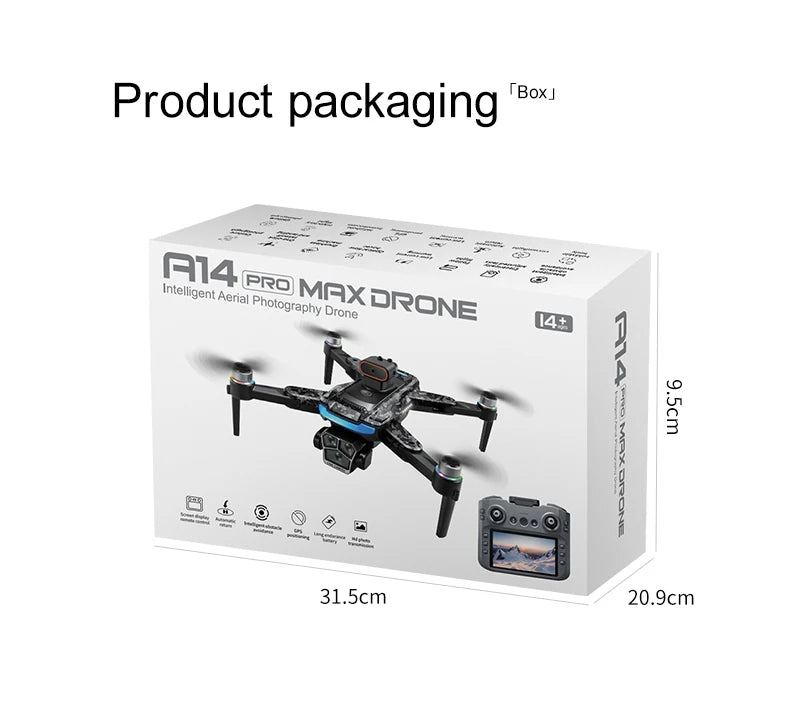 A14 Pro Max Drone packaging box with drone illustration and dimensions on a white background