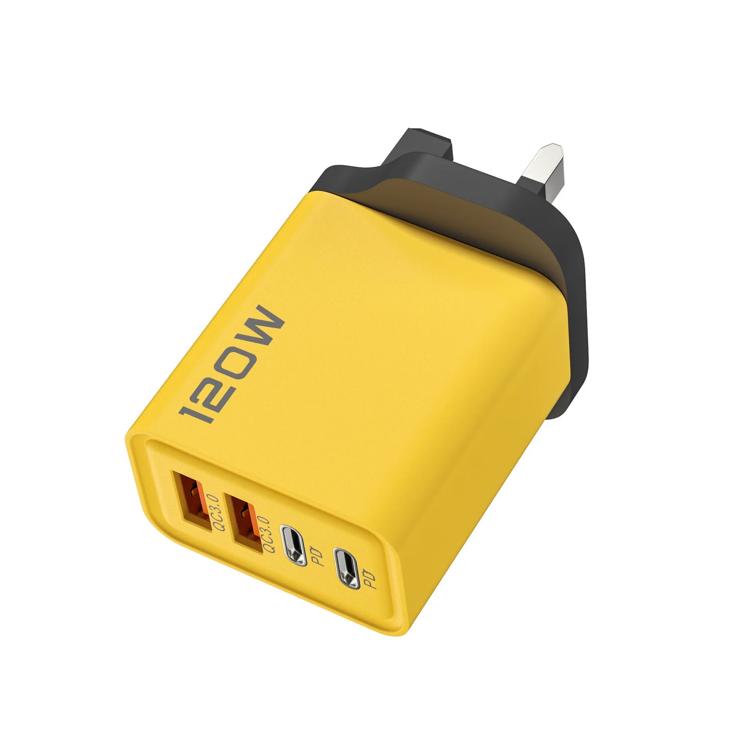 Yellow power adapter with multiple ports on a white background
