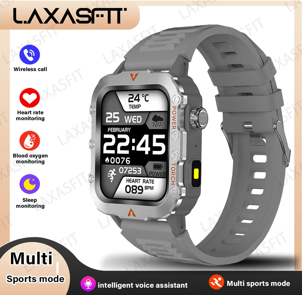 Smartwatch with gray band on a light beige background, featuring LAXASFITT branding.