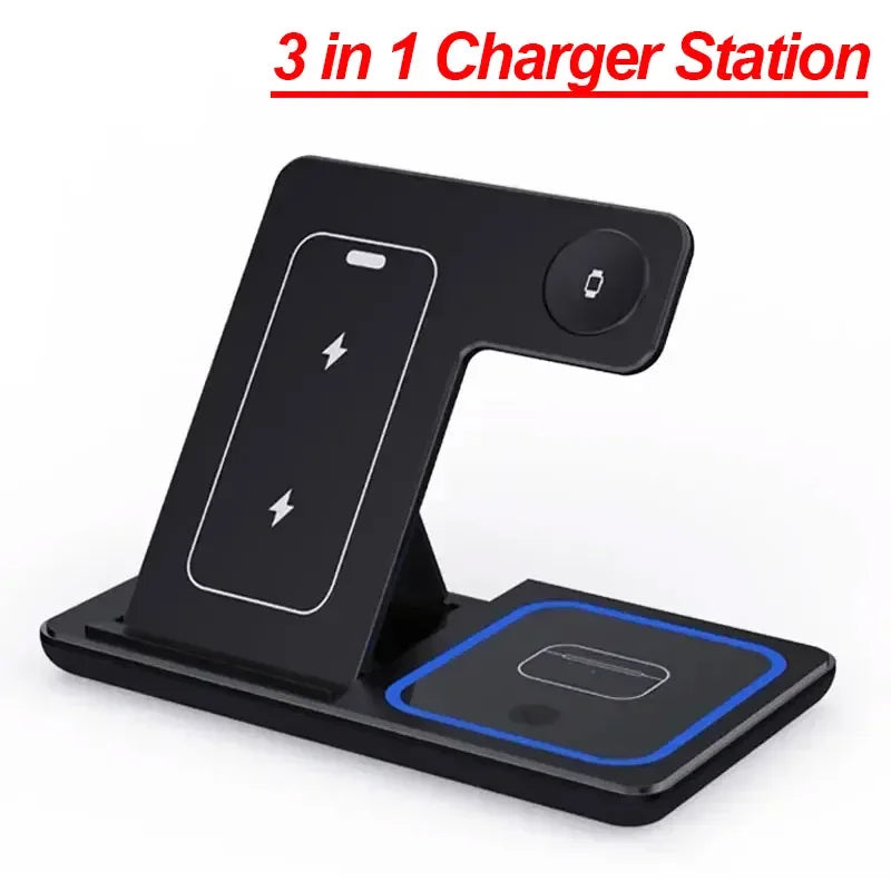 Black 3 in 1 foldable wireless charging station with dedicated charging areas for iPhone Apple Watch and AirPods.