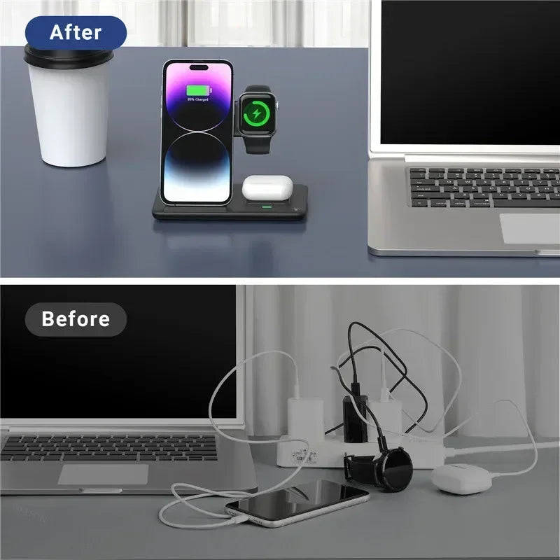 Before and after comparison of a desk setup with charging devices.