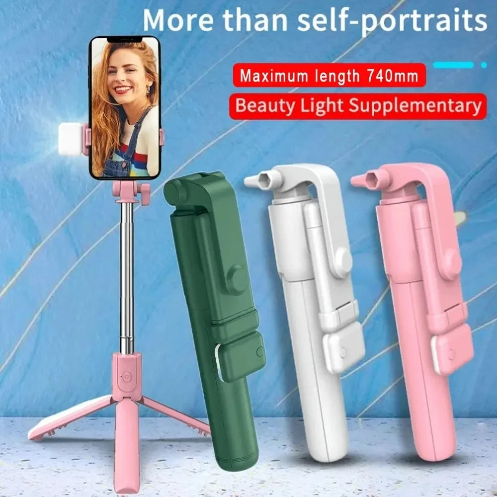 Set of selfie sticks in different colors with a smartphone display on a blue background.