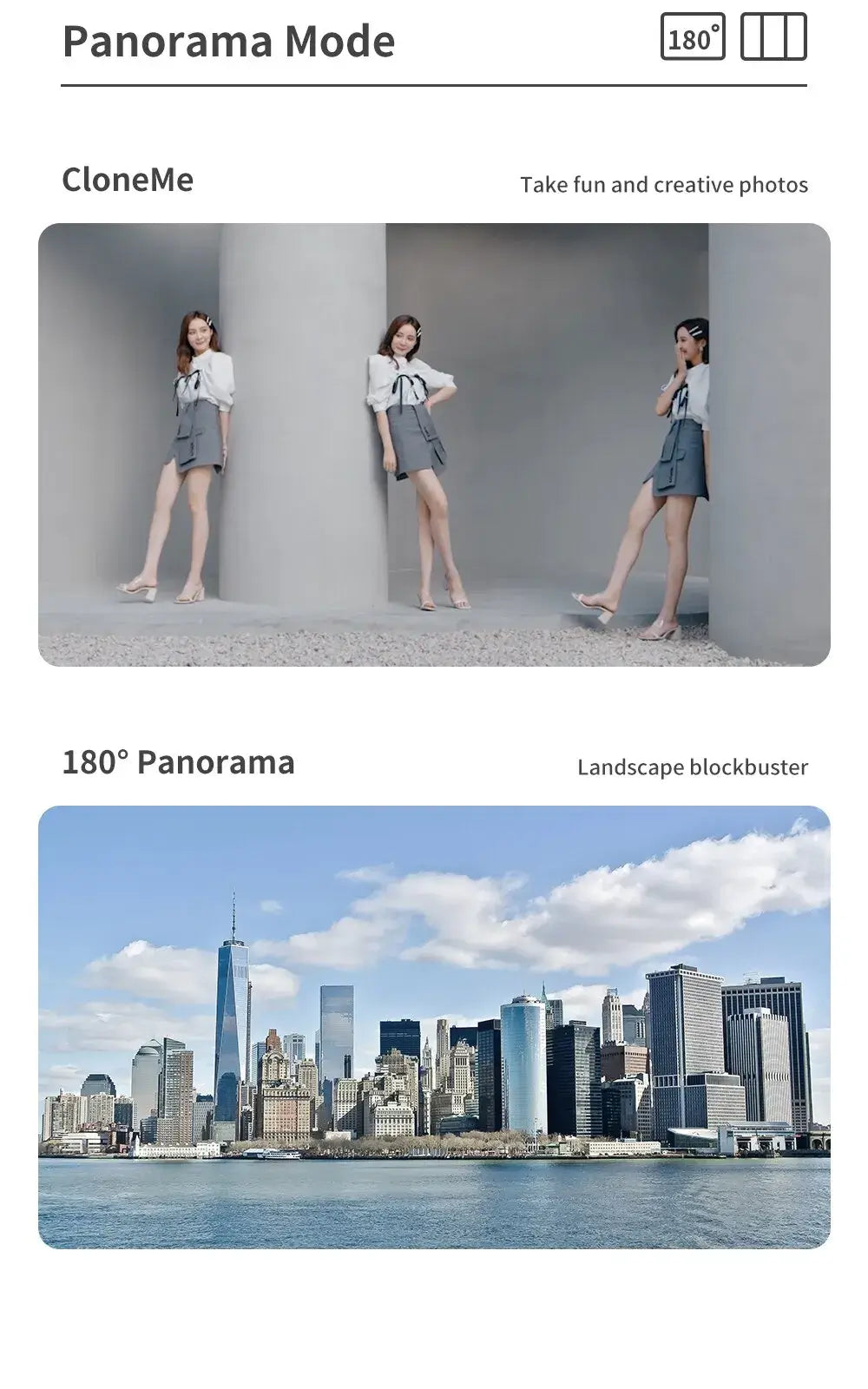 Phone app interface showing 'CloneMe' and '180° Panorama' modes with sample images.