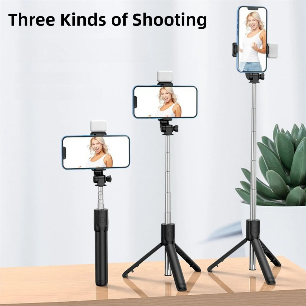 Three smartphone holders on tripods with screens displaying a woman, with text 'Three Kinds of Shooting' above.