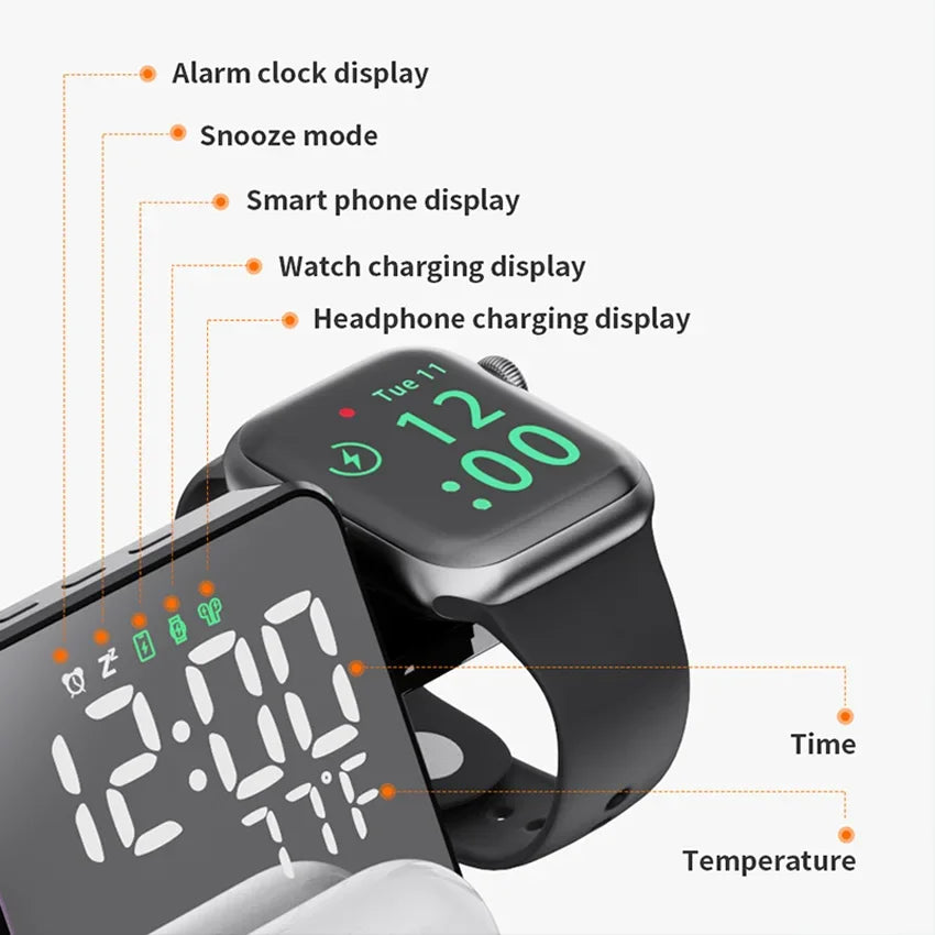 Smartwatch with digital display and charging cable, showing time and temperature.