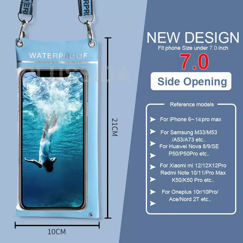 Universal IPX8 waterproof pouch — touchscreen-friendly with secure lock & lanyard. Perfect for beach, pool & outdoor fun.