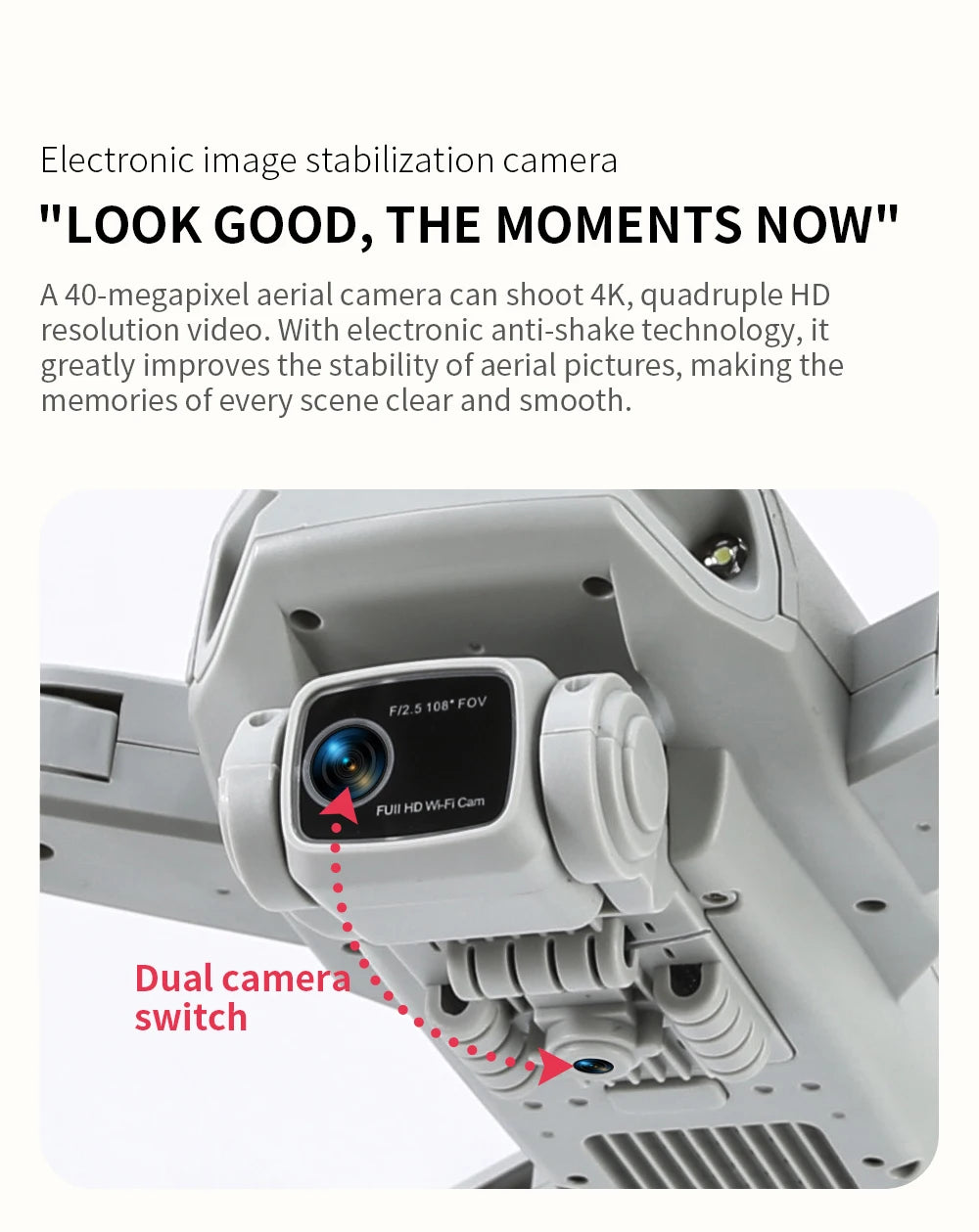 Electronic image stabilization camera with text on a white background