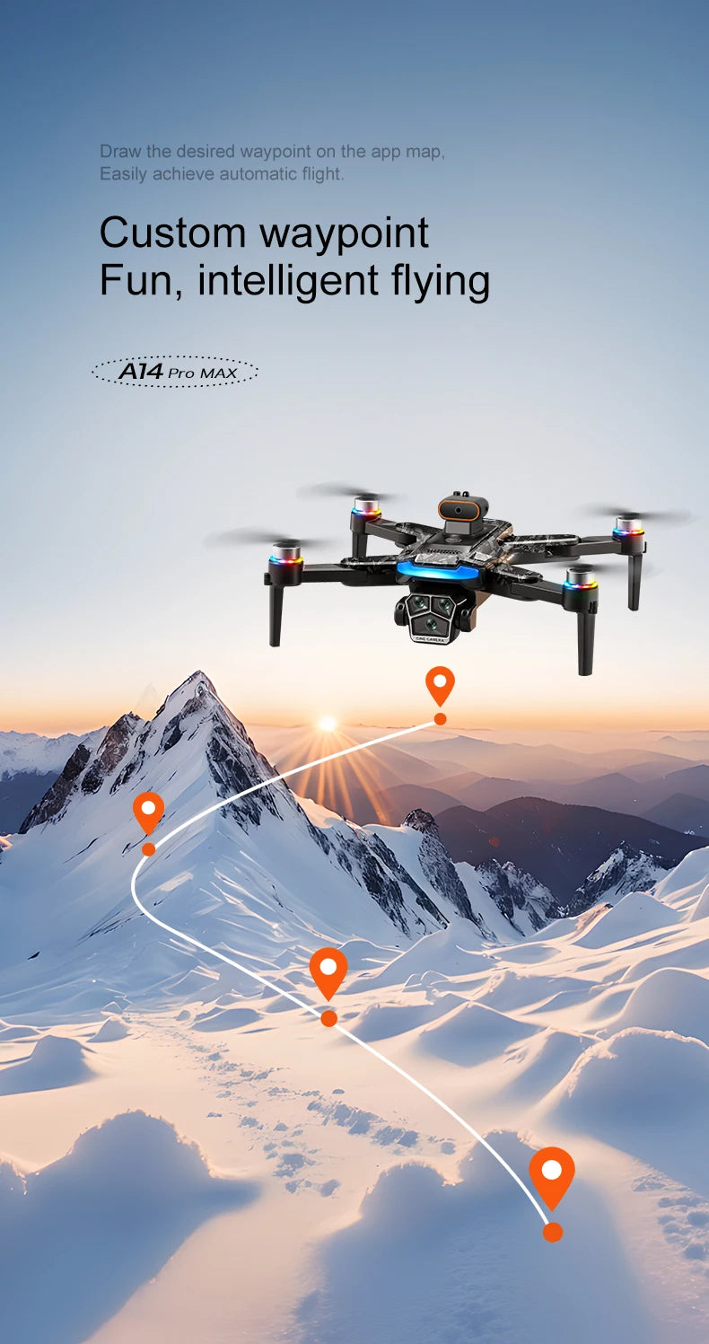 Drone flying over a snowy mountain landscape with waypoint markers on a clear sky background.