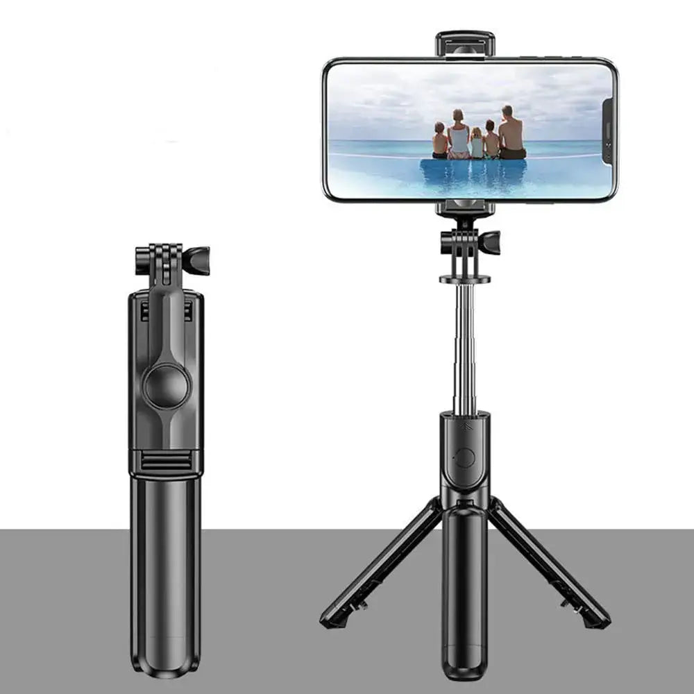 Wireless black smartphone selfie stick with remote control on a white background