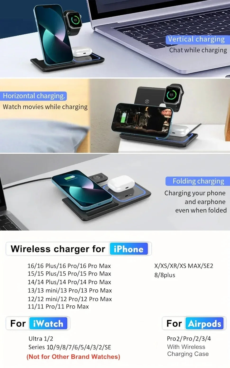3 in 1 wireless charging station showing vertical horizontal and folding charging modes compatible with iPhone Apple Watch and AirPods.