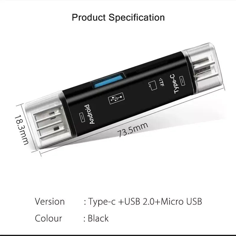 Black multi-port adapter with specifications on a white background
