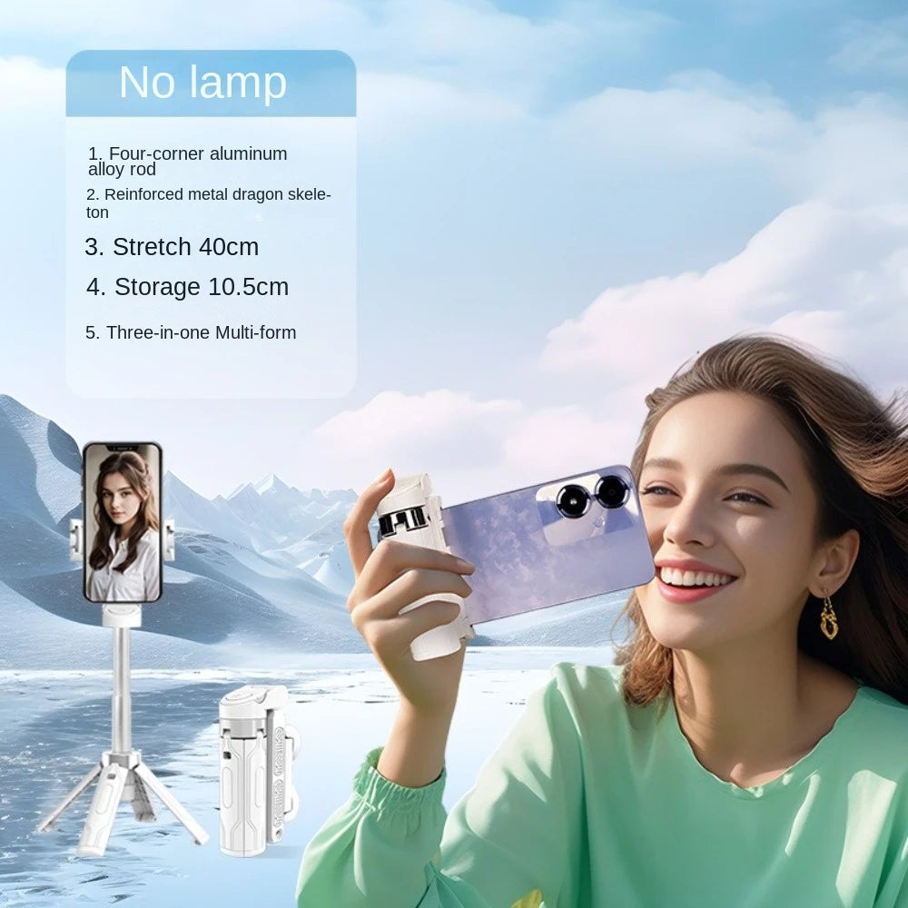 Woman holding a phone with a selfie stick, mountainous landscape in the background