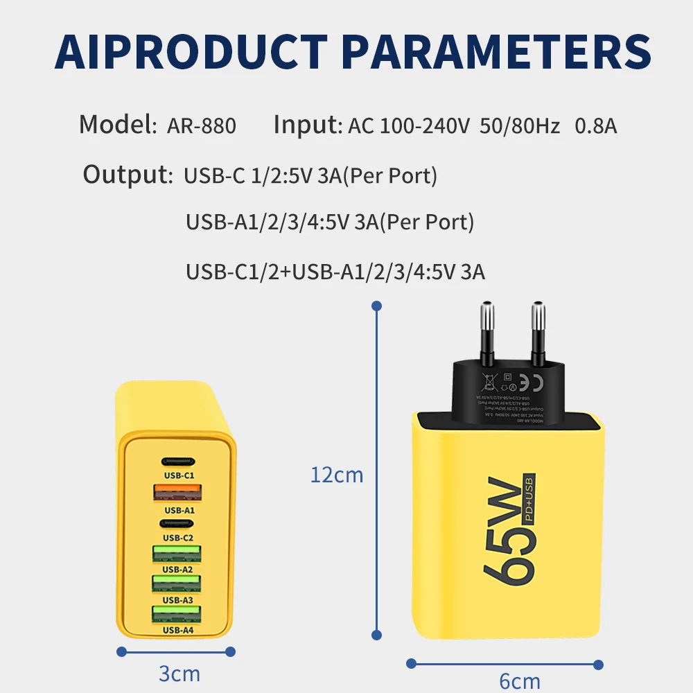 Yellow power adapter with USB ports and technical specifications on a white background
