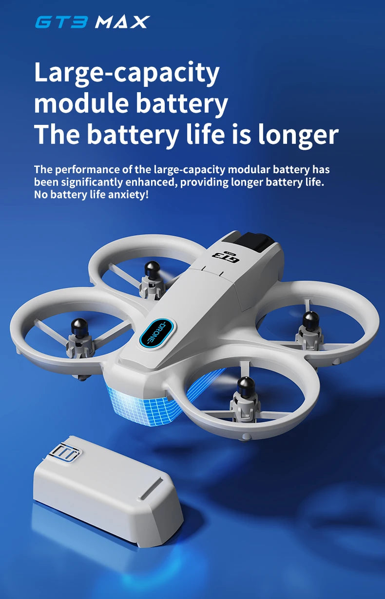 Drone with large-capacity module battery on a blue background, featuring text about battery life.