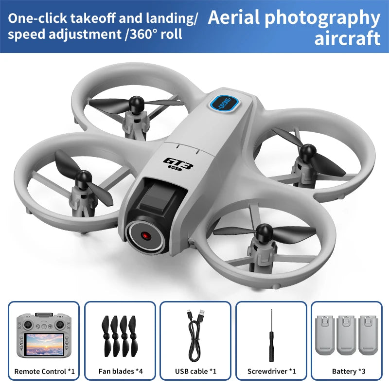 Gray drone with propellers on a white background, featuring text about features and accessories.