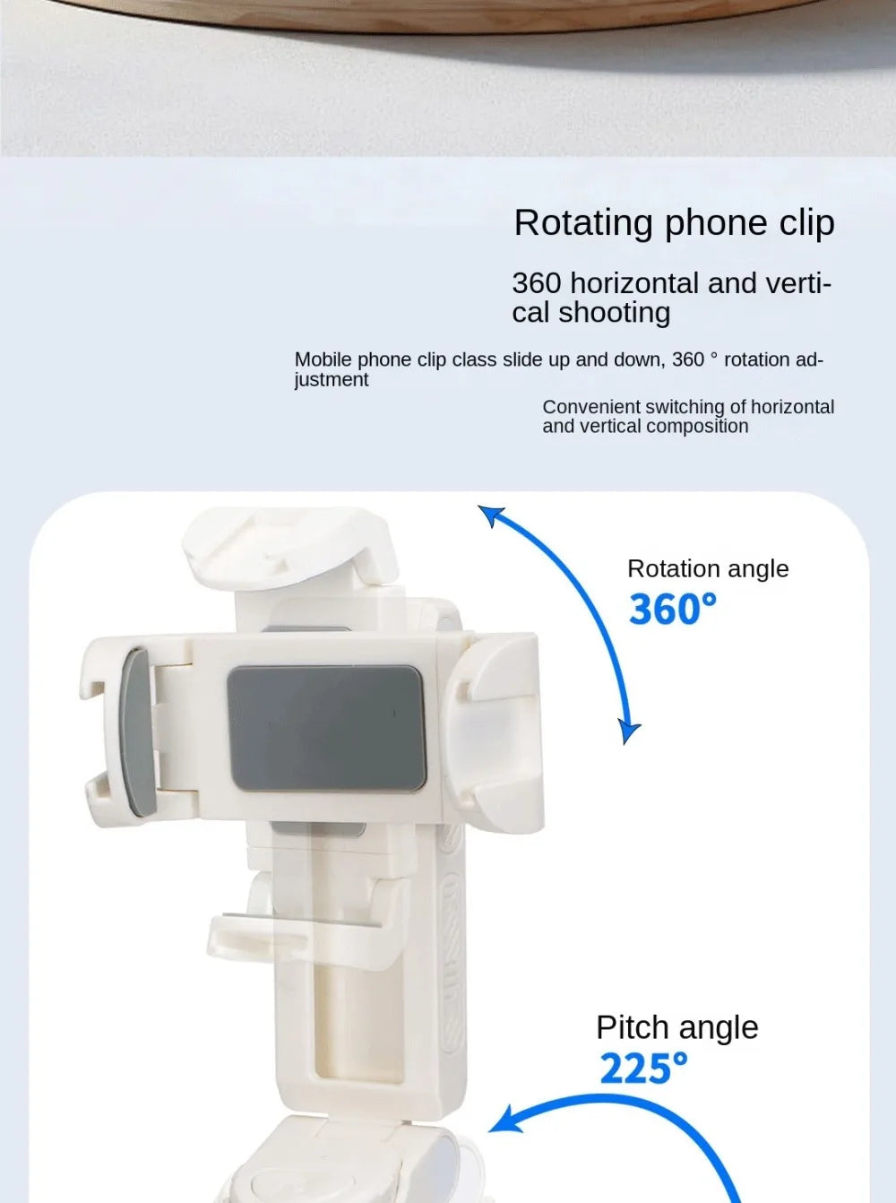 White rotating phone clip with text describing its features on a light blue background