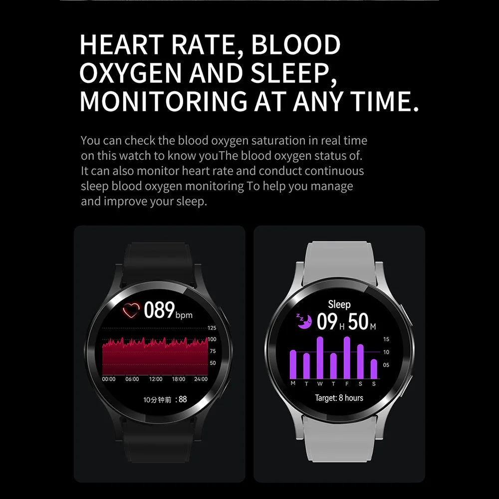 Smartwatch with heart rate, blood oxygen, and sleep monitoring features on a black background.