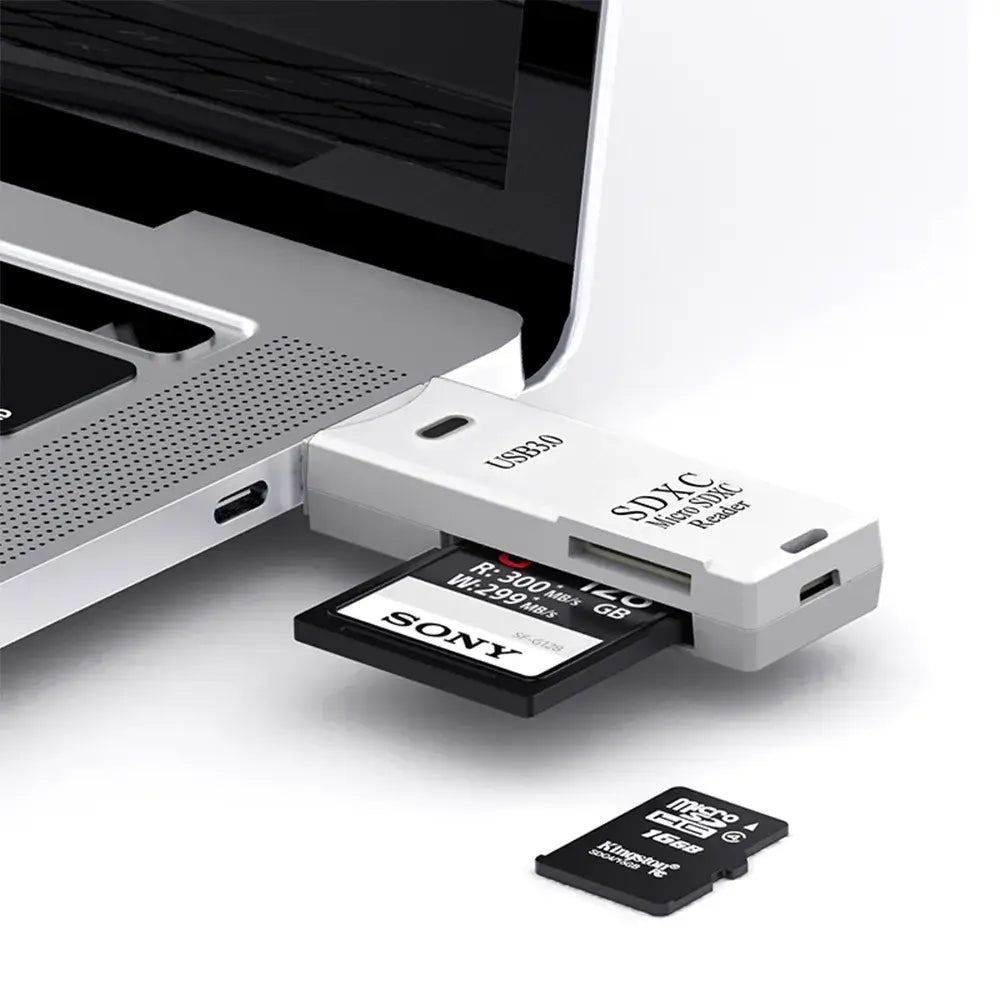 SD card reader with Sony and Kingston SD cards on a white background
