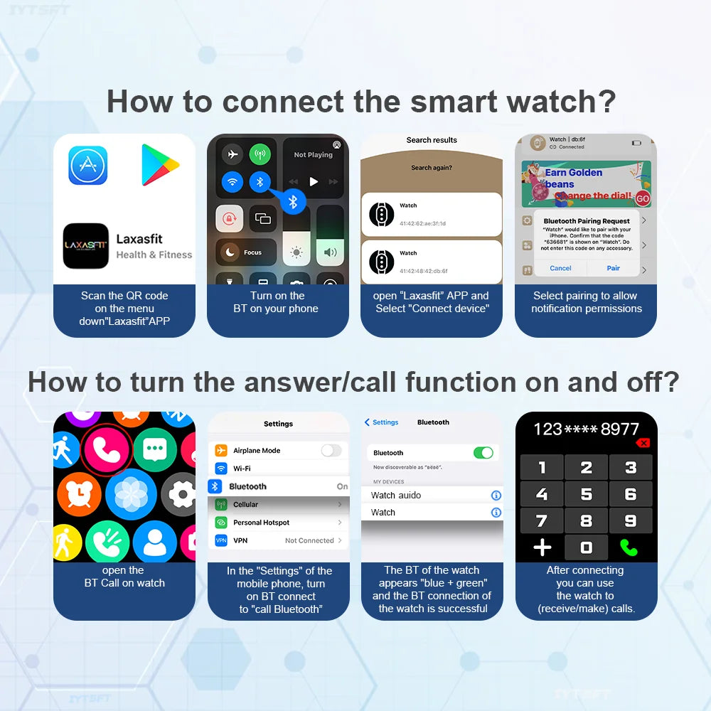 Step-by-step guide on how to connect a smartwatch with screenshots of app interfaces and settings.