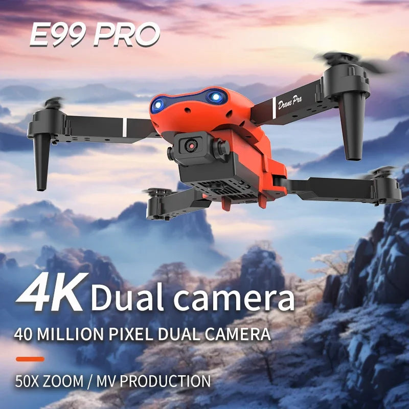 E99 Pro drone with 4K dual camera on a mountainous background