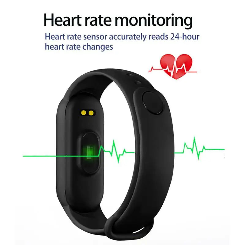 Black heart rate monitoring wristband with text and graphics on a white background