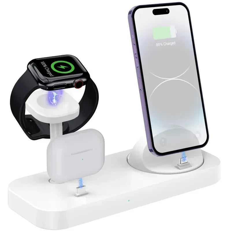 Multi-device charging station with smartphone, smartwatch, and headphones on a white background