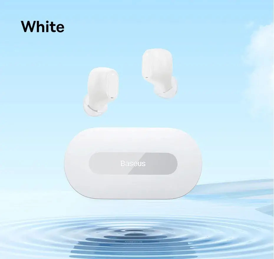 White wireless earbuds with charging case on a blue background