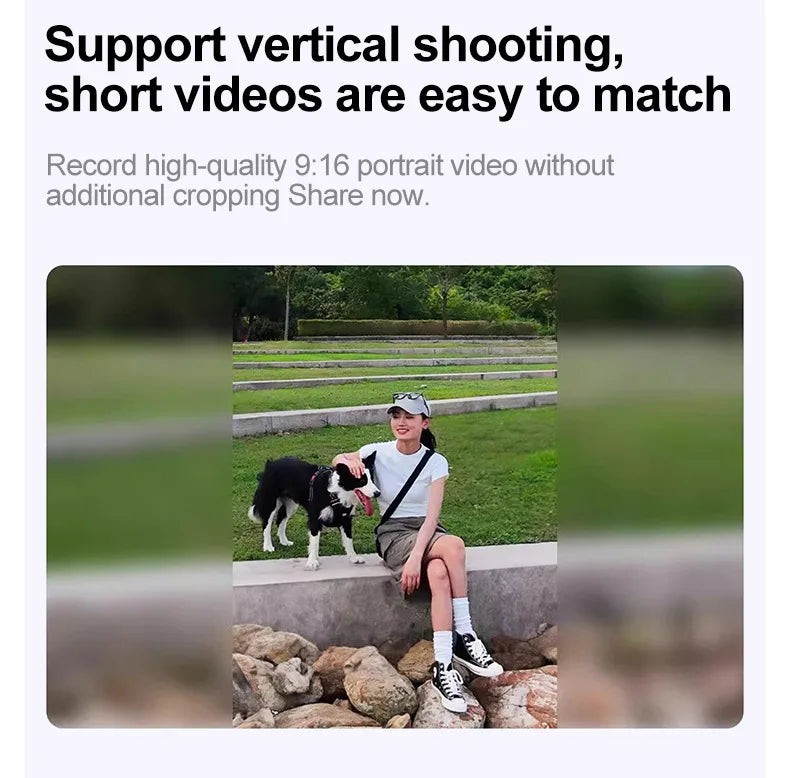 Person sitting on rocks with a dog in a park, text about vertical shooting and short videos.