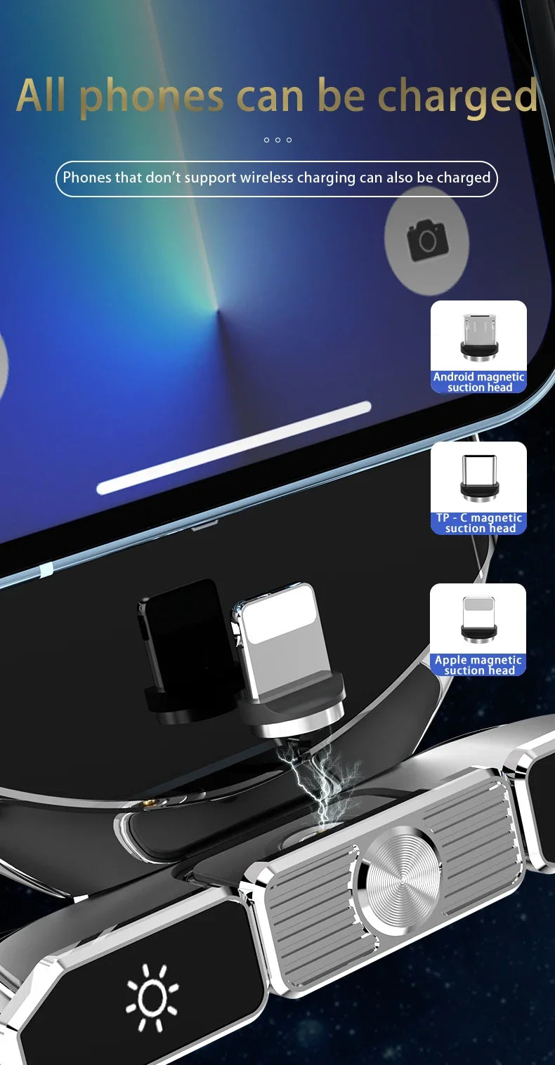 Phone charging stand with multiple charging options on a dark background