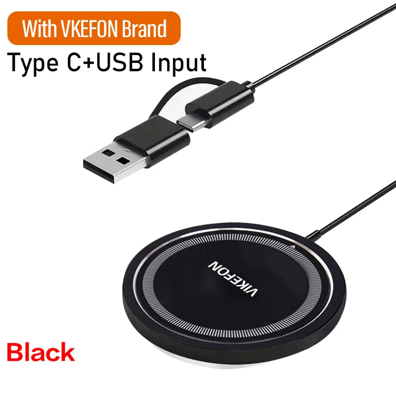 Black VKEFON brand magnetic wireless charging pad with slim round design and dual USB plus Type-C input.