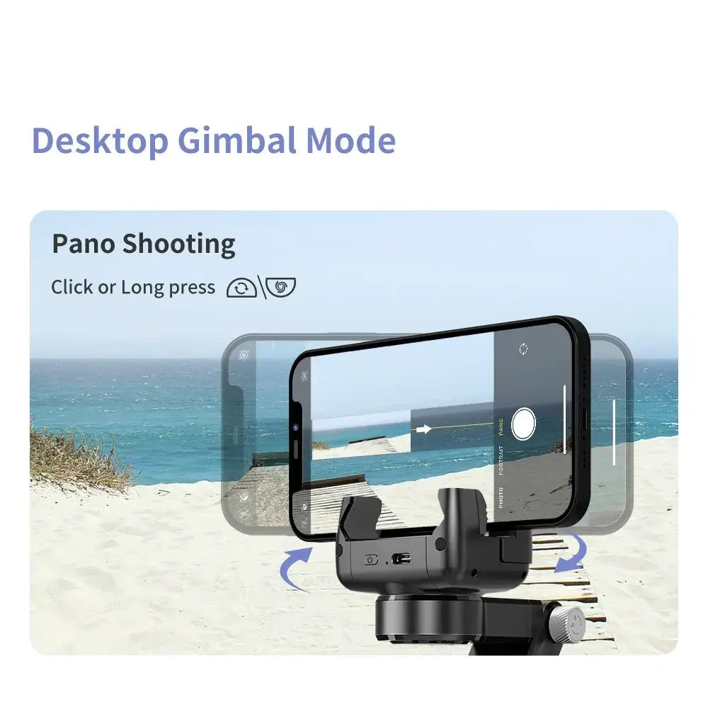 Phone with a gimbal attached, displaying 'Desktop Gimbal Mode' and 'Pano Shooting' on a beach background.