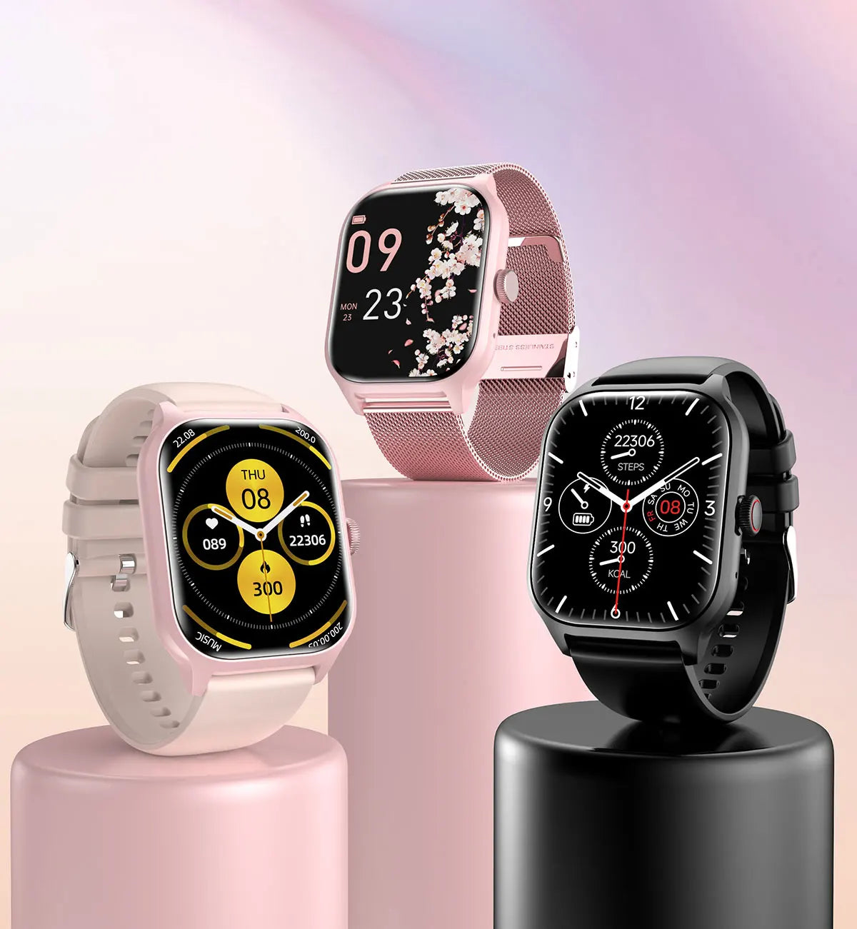 Three smartwatches on stands against a gradient background