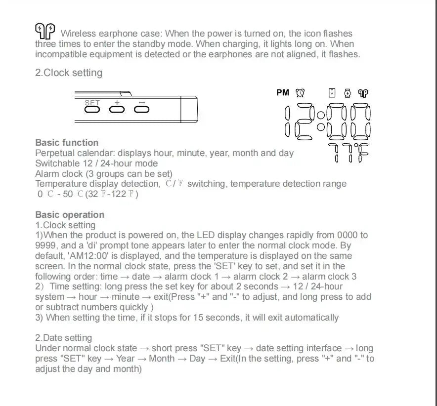 Instructions for a wireless earphone case with text and icons on a white background