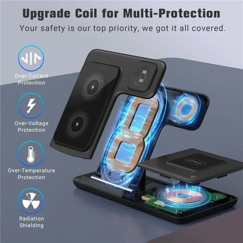 Wireless charging stand with safety features and glowing blue coils on a gray background
