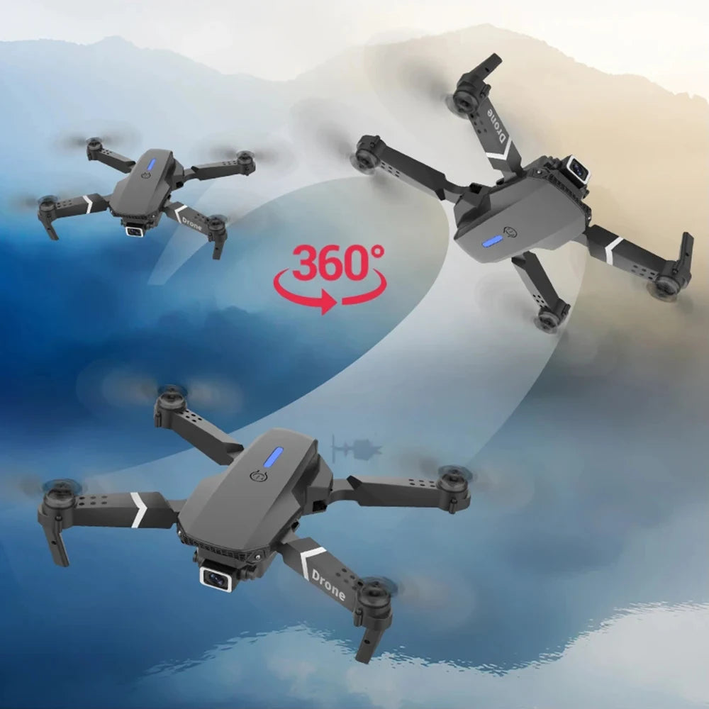 Three drones flying with a 360-degree symbol on a blue and white background
