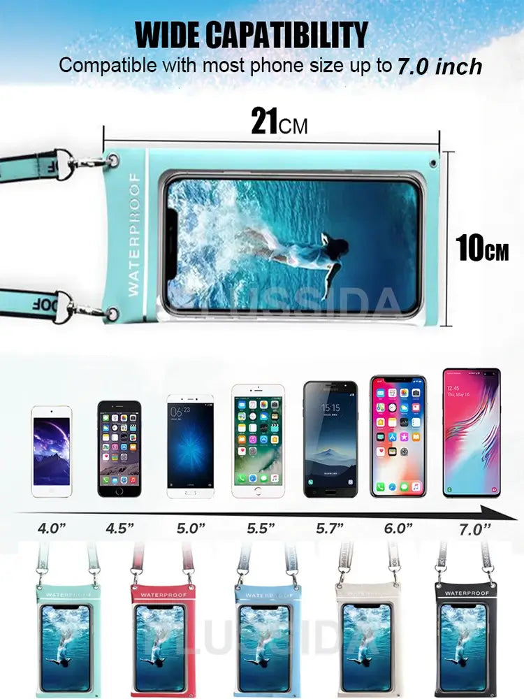 Phone case with compatibility chart for various smartphone sizes