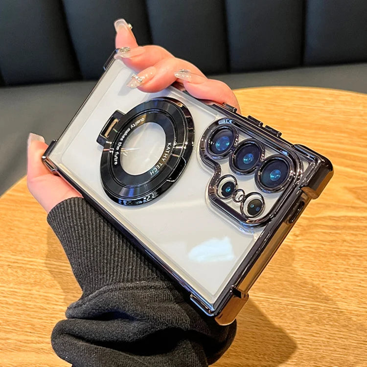 Person holding a phone case with a clear design, showing off the camera lens.