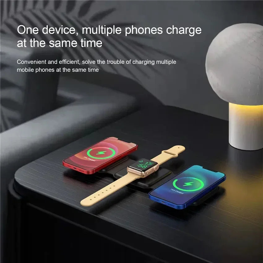 Wireless charging pad with multiple devices on a dark surface