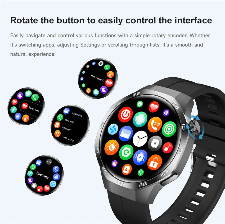 Smartwatch with a rotary encoder interface on a white background